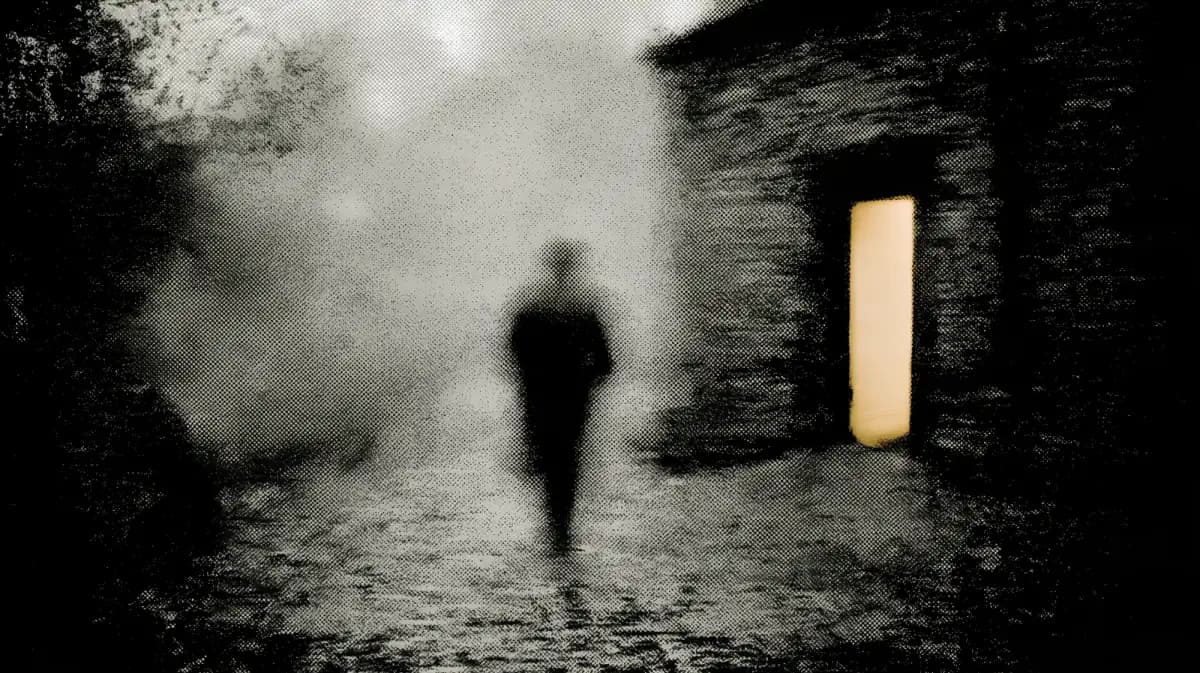 Halftone of a pilgrim walking toward a lit door