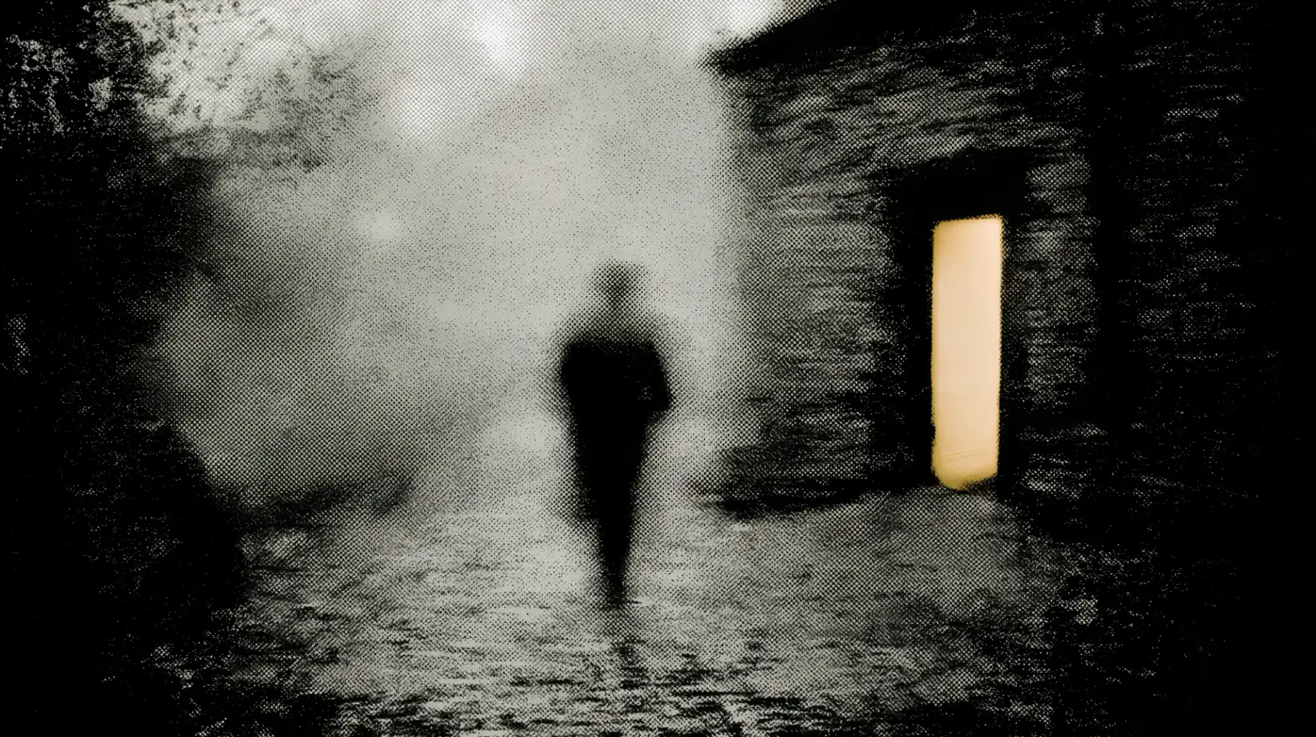 Halftone of a pilgrim walking toward a lit door